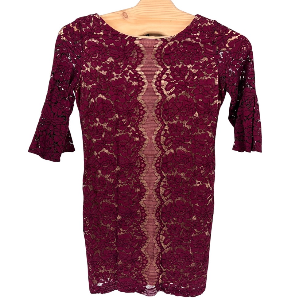 Danny and Nicole Lace Sheath Dress 16 Burgundy Bell Sleeve Floral Cocktail